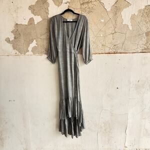 Carly Jean Dress Houndstooth Maxi Plaid Wrap Long Sleeve V Neck Tie Waist Ruffle